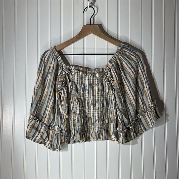 Angie Boho Peasant Blouse L Striped Off Shoulder Smocked Ruffle Sleeve Festival - Picture 1 of 8